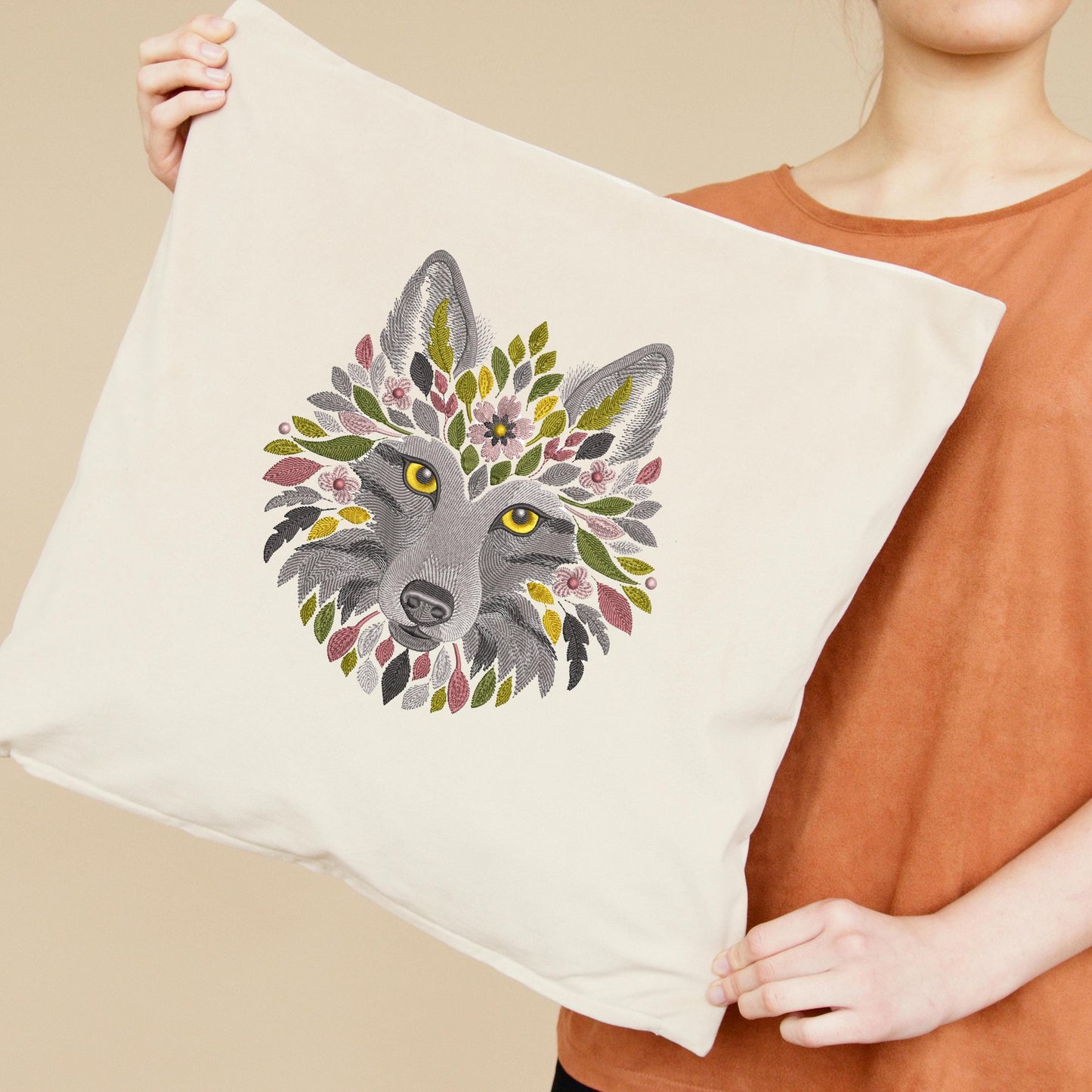 Wolf Embroidery Design, Floral Wolf Machine Embroidery Design, Wolf Pattern File PES DST, Animal Embroidery Design, Instant Download 6 sizes