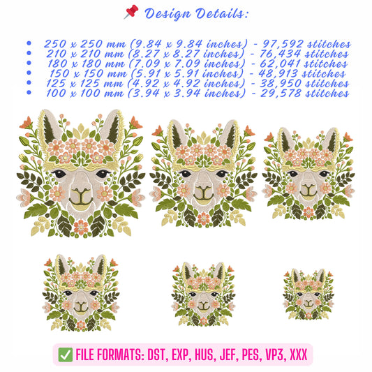 Floral Alpaca Machine Embroidery Design, Boho Animal Embroidery Pattern, Cute Alpaca Pattern for Clothes & Home Decor, Alpaca Pattern PES