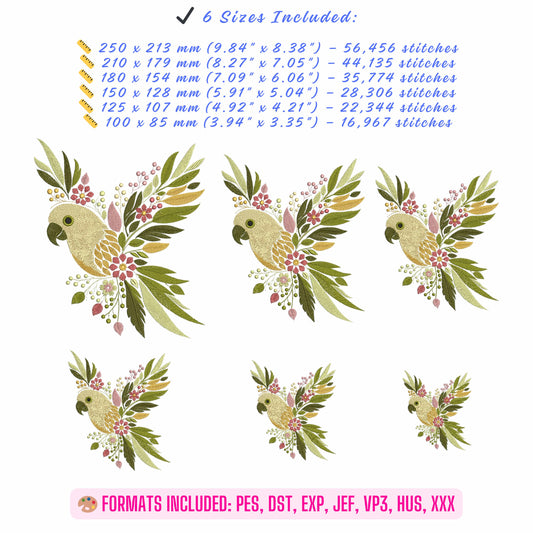 Floral Parrot Embroidery Design, Bird Embroidery Design, Parrot Pattern, Bird Pattern, Floral Bird Machine Embroidery Design, Boho Floral