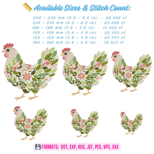 Floral Chicken Embroidery Design: Rustic Farmhouse Hen, Chiken Embroidery Pattern PES, Instant Download File For Embroidery Gifts