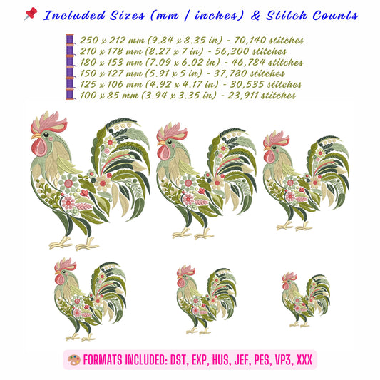 Floral Rooster Embroidery Design: Rustic Farmhouse Decor PES, DST, EXP, Rooster Embroidery Pattern, Animal Embroidery File, Boho Embroidery