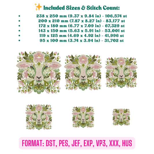 Flower Sheep Embroidery Design - Machine Embroidery Pattern for Home Decor & Apparel, Sheep Pattern, Animal Embroidery, Floral Embroidery