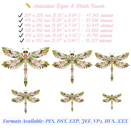 Floral Dragonfly Machine Embroidery Design - Nature-Inspired Pattern, Insects Embroidery, Dragonfly Pattern, Floral Wings Embroidery Pattern