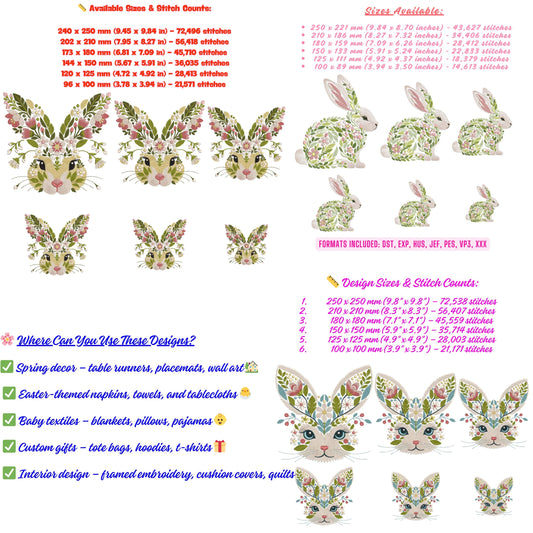 Spring Floral Bunny Embroidery Set – Digital Machine Embroidery Designs, Easter Bunny Floral Embroidery, Floral Rabbit Embrodery PES DST JEF