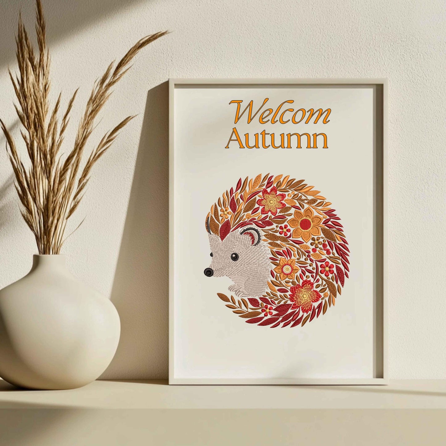 Fall Hedgehog Embroidery Pattern β Seasonal Autumn Design β Cute Animal with Leaves & Flowers, Hedgehog Embroidery Design, Autumn Embroidery