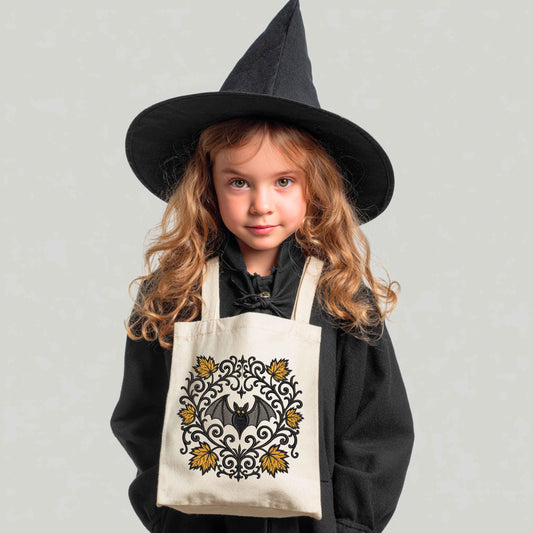 Spooky Gothic Bat Embroidery Design, Halloween Bat with Fall Leaves, Machine Embroidery for Halloween Apparel, Bat Pattern PES, Autumn PES