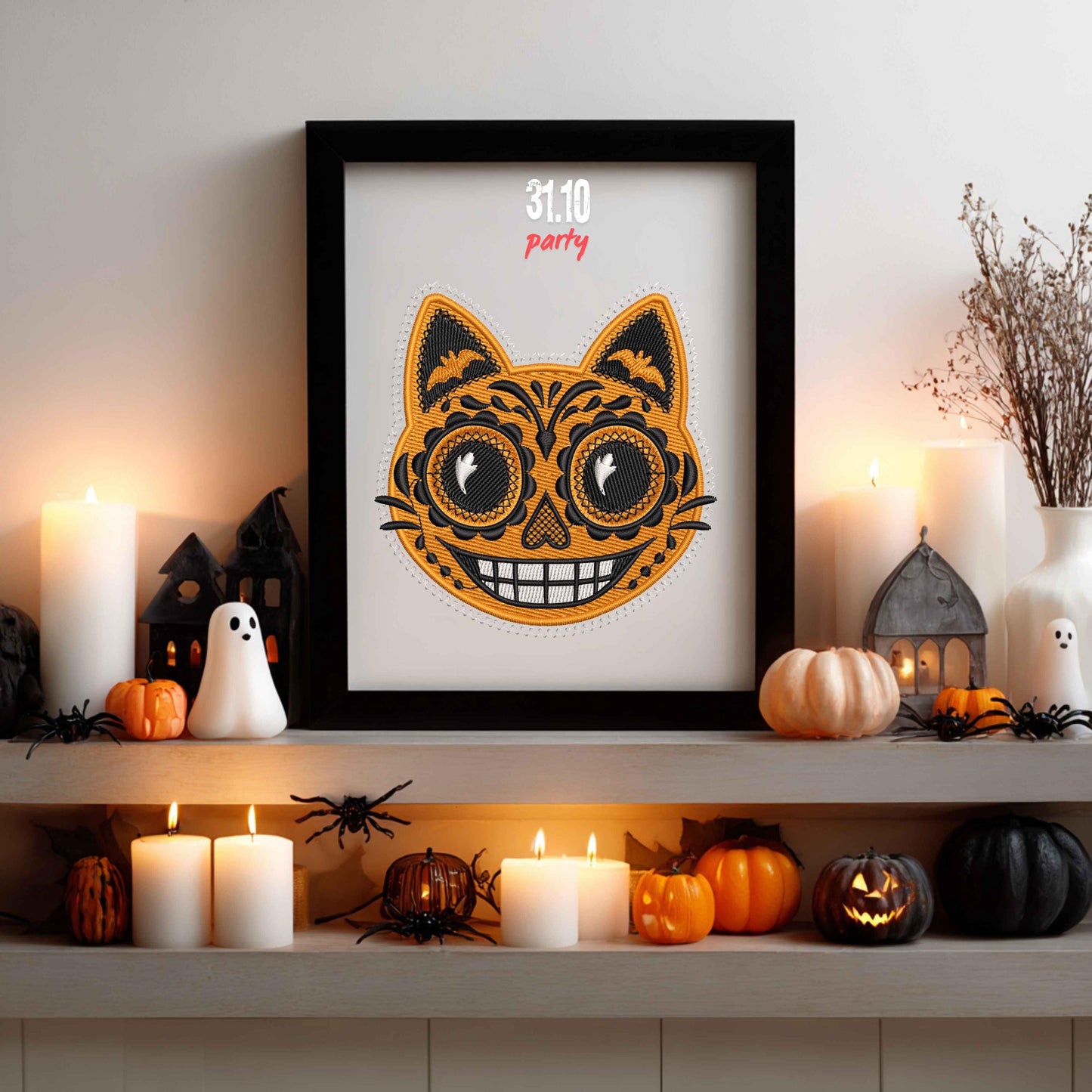 Halloween Cat Head Embroidery Design β Sugar Skull Style Embroidery, Spooky Cat Embroidery PES, Halloween Kitty Head Pattern PES, Kitty Face