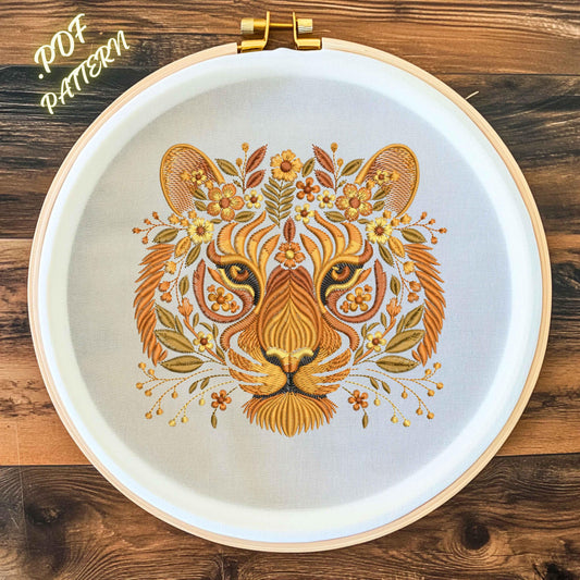 Autumn Tiger Hand Embroidery Pattern: DIY Needlework (Digital PDF PNG)