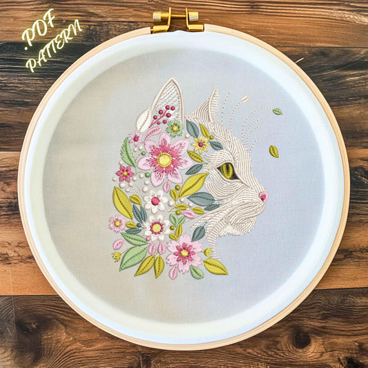 Cat with Floral Embroidery Pattern – Digital PDF for DIY Needlework, Instant Download, Cat Hand Embroidery Pattern, Embroidery Hoop Art