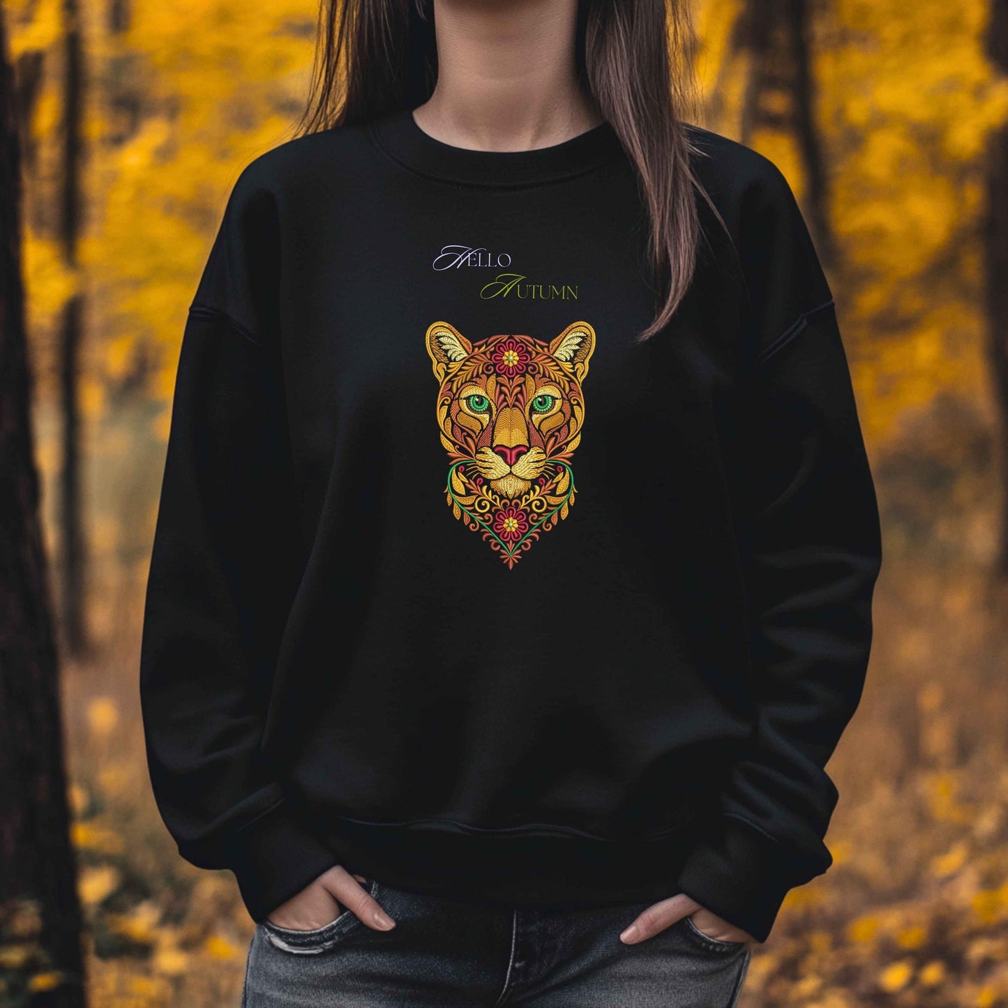 Autumn Cougar Machine Embroidery Design, Flower Puma Embroidery Pattern PES, Majestic Wild Cat Embroidery Design, Fall Embroidery PES DST