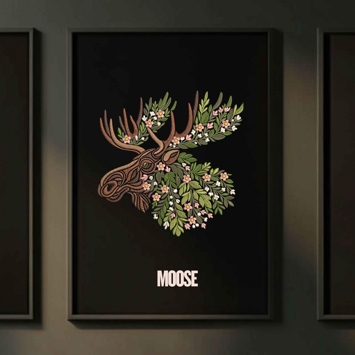 Floral Moose Head Machine Embroidery Design, Moose Flower Antlers Pattern DST, Wildlife Embroidery, Nature Embroidery, Woodland Wall Art PES