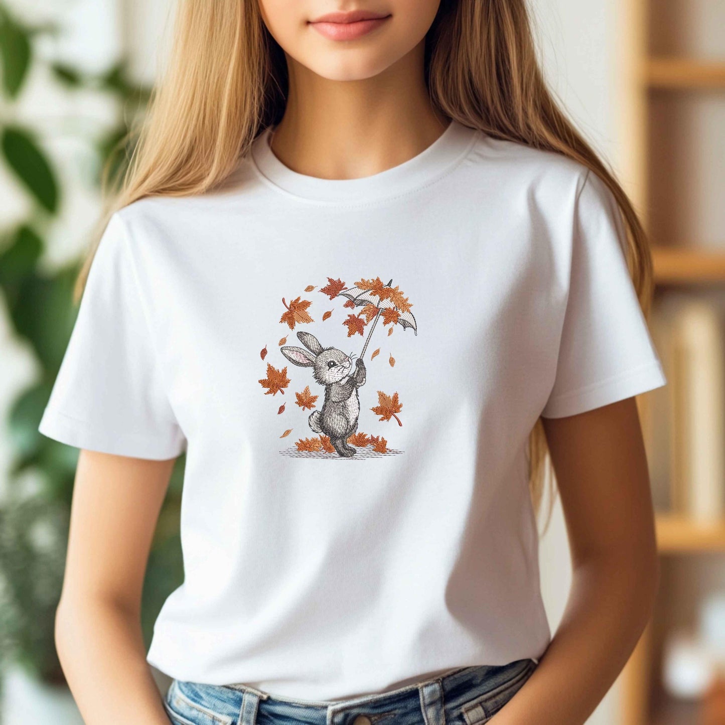 Cute Bunny with Umbrella โ Autumn Machine Embroidery Design, Autumn Fall Leaves Pattern for Hoop 4x4, Autumn Rabbit Embroidery PES DST JEF