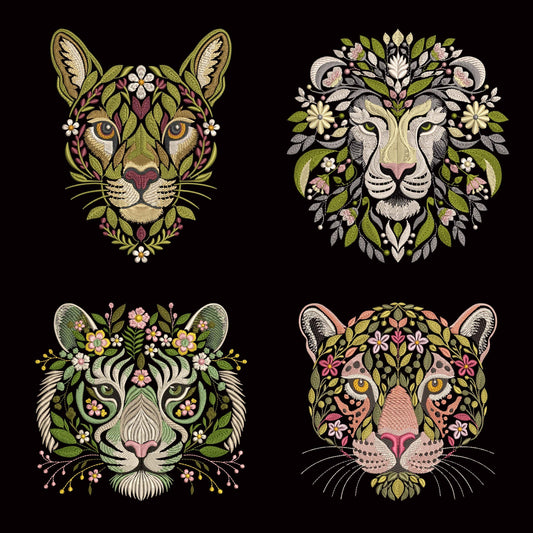 Big Cats Embroidery Bundle, Tiger, Lion, Puma, Jaguar Head Floral Machine Embroidery Design Set, Jungle Animal Embroidery Pack, Wild Cat PES