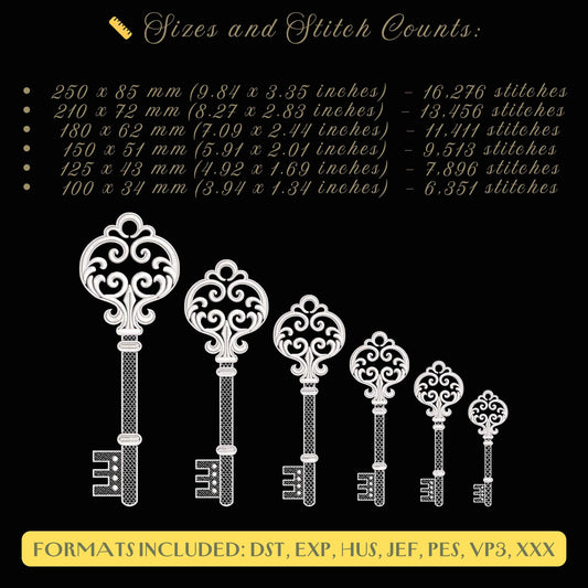 Vintage Key Machine Embroidery Design, Romantic Key Embroidery Pattern – Symbol of Secrets PES, Wedding Decor, Antique Style Embroidery DST