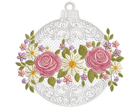 Floral Christmas Ornament Embroidery Design – Elegant New Year’s Ball with Roses and Daisie, Christmas Ornament Embroidery PES, Bauble PES