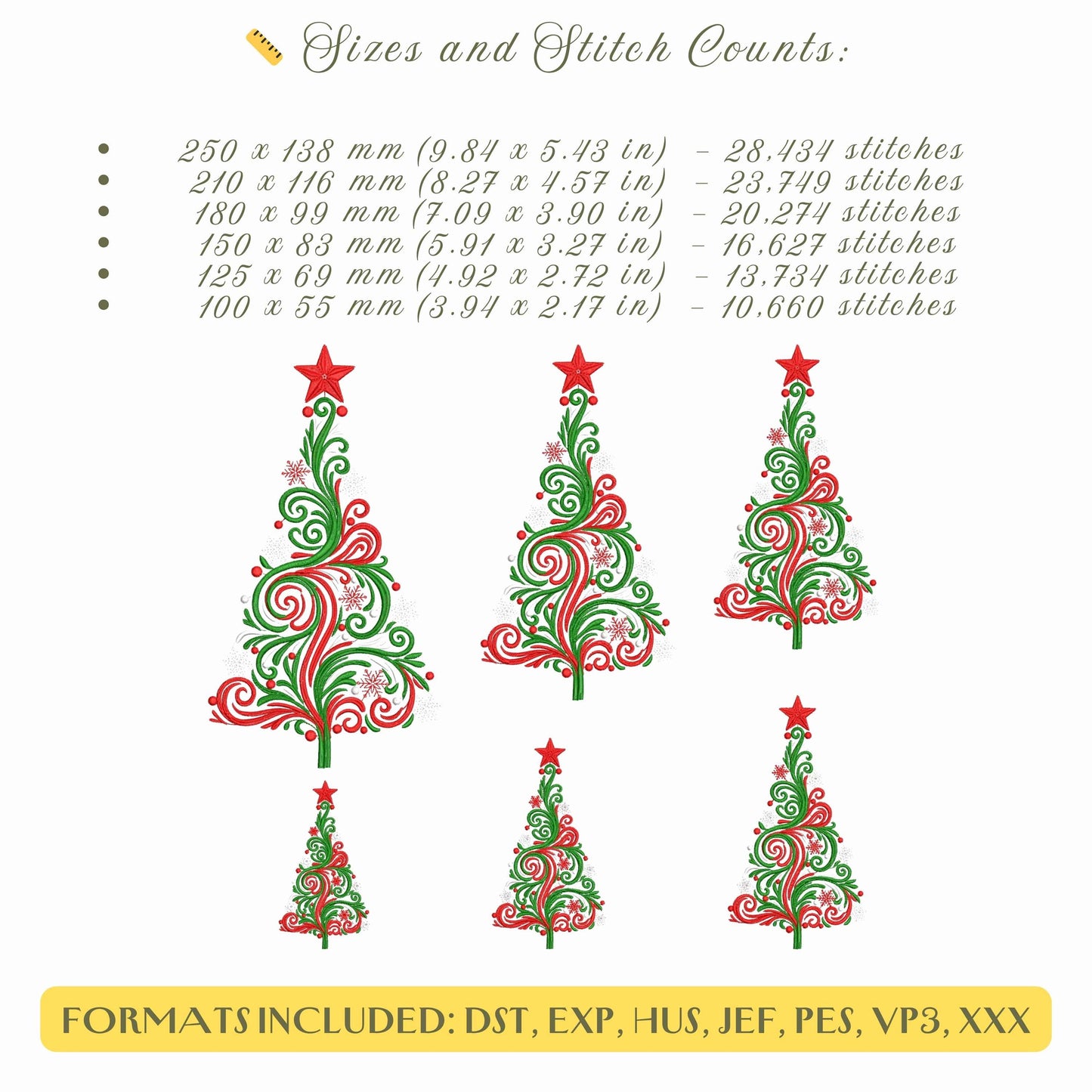 Swirl Christmas Tree Embroidery Design, Festive Holiday Tree (PES DST)