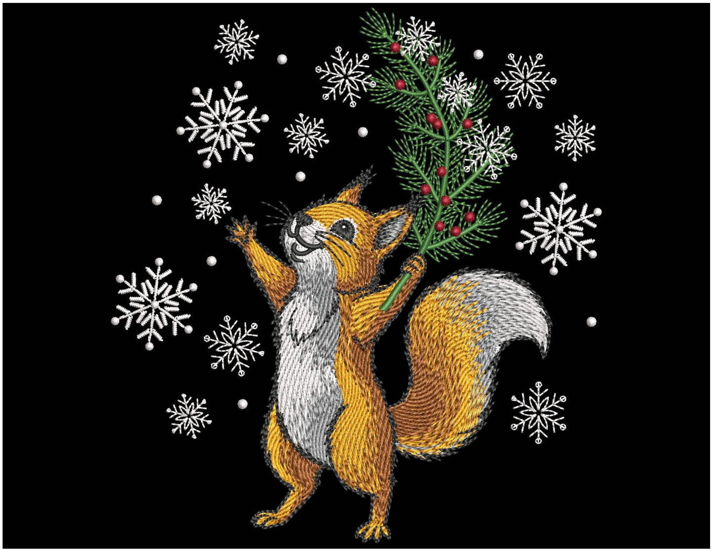 Christmas Squirrel with Pine Twig Machine Embroidery Design, Winter Animal Embroidery, Snowflakes Embroidery Pattern PES, Squirrel PES DST