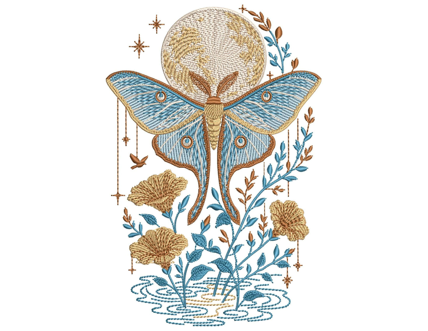 Celestial Luna Moth Machine Embroidery Design, Mystical Moon Moth Embroidery, Boho Moon Phases Embroidery, Moon Moth With Stars Embroidery