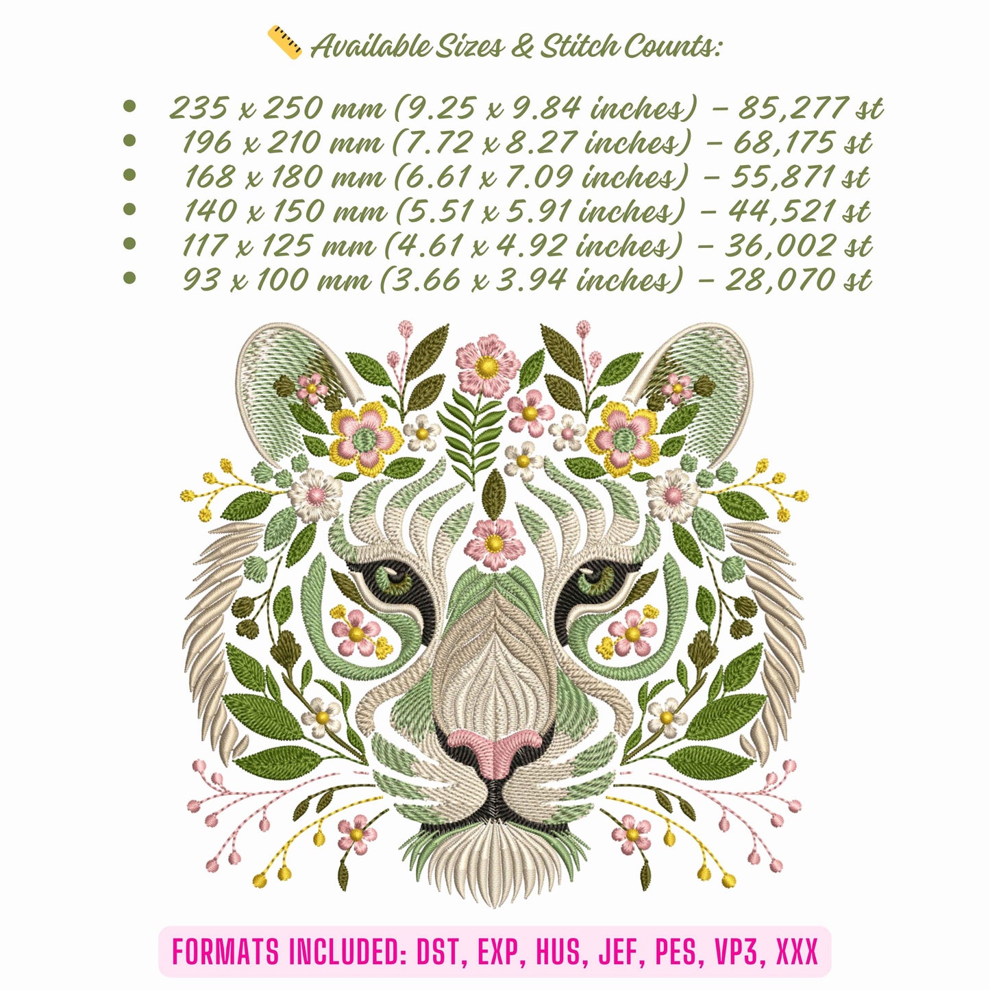 Big Cats Embroidery Bundle, Tiger, Lion, Puma, Jaguar Head Floral Machine Embroidery Design Set, Jungle Animal Embroidery Pack, Wild Cat PES
