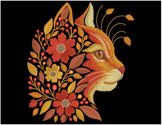 Autumn Ginger Cat Embroidery Design, Floral Machine Embroidery Cat Pattern PES DST, Floral Cat Art Nouveau Pattern, Animal Embroidery PES