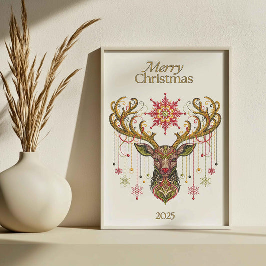 Christmas Deer Embroidery Design, Winter Reindeer Embroidery Pattern, Royal Stag Embroidery, Majestic Stag Antlers Ornamen, Deer Art Nouveau