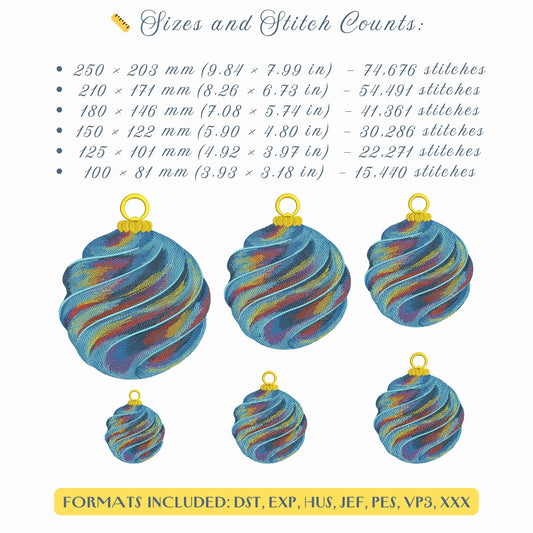 Blue Christmas Ornament – Machine Embroidery Design, Swirl Bauble Pattern, Holiday Decoration Embroidery File, Christmas Pattern PES DST jef