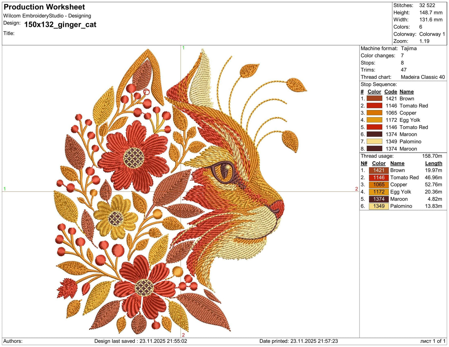 Autumn Ginger Cat Embroidery Design, Floral Machine Embroidery Cat Pattern PES DST, Floral Cat Art Nouveau Pattern, Animal Embroidery PES