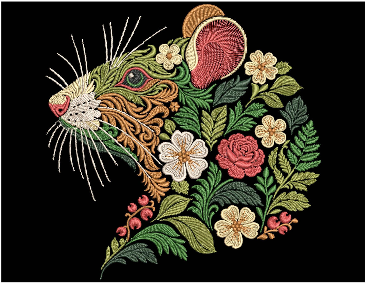 Floral Rat Machine Embroidery Design, Botanical Animal Pattern (PES DST)