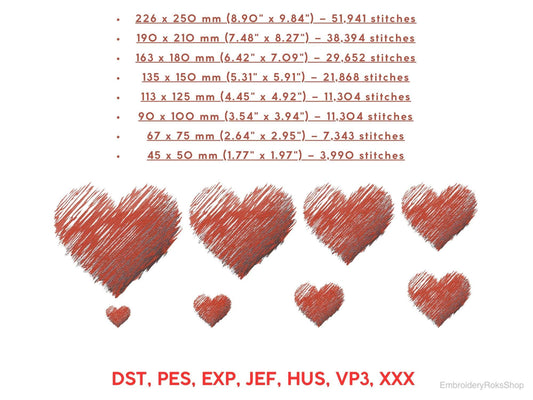 Scribbled Heart Embroidery Design PES, Valentine Machine Embroidery, Sketch Style Heart PES DST, Love Embroidery File, Romantic Pattern Pes
