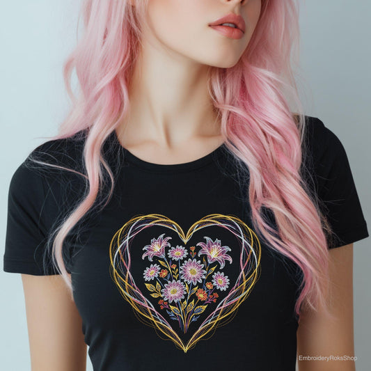 Valentine Neon Floral Heart Embroidery Design, Neon Floral Heart with Frame PES, Flower Heart with Frame Embroidery, Valentine's Embroidery