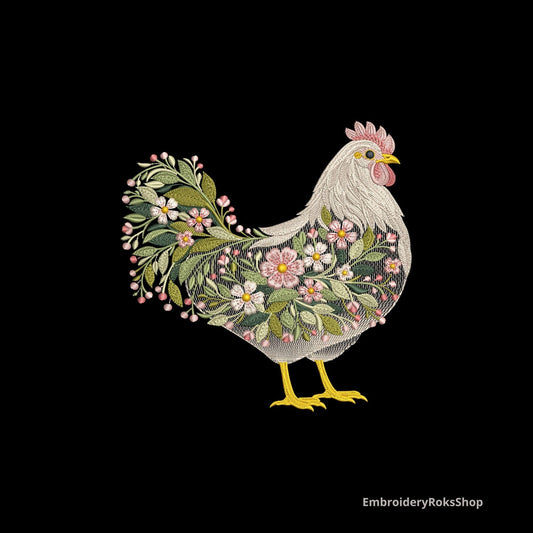 Spring Floral Chicken Machine Embroidery Design, Farmhouse Hen Embroidery File, Rustic Country Floral Chicken, Chicken PES, DST, JEF File