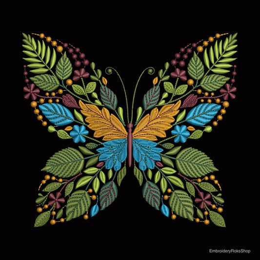 Floral Butterfly Machine Embroidery Design Botanical Wings, Pattern Nature Inspired Botanical Wings, Butterfly Pattern PES, DST, JEF File
