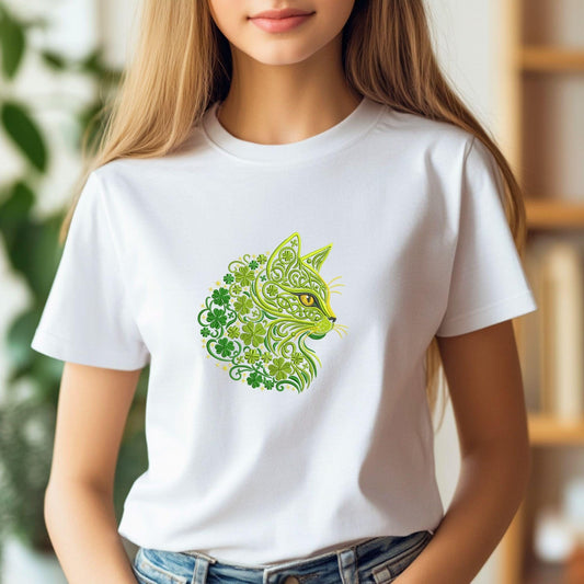 Celtic Green Cat Embroidery Design – Shamrock Floral Machine Embroidery Pattern – St Patrick Cat Art – Instant Download, Cat PES, DST, JEF