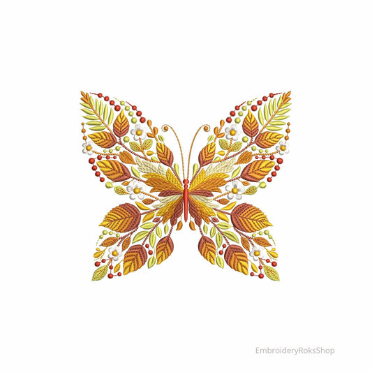 Autumn Butterfly Machine Embroidery Design PES, Floral Leaves Botanical Insect Pattern Fall Nature Decor Instant Download, Wings Embroidery