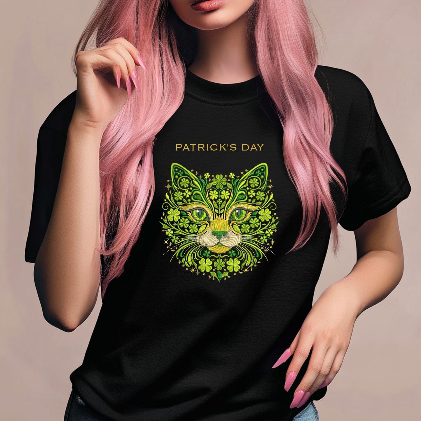 Lucky Clover Cat Embroidery Design Floral Green Cat Face Machine Embroidery Pattern St Patrick Ornament Digital File, Cat PES DST JEF VP3