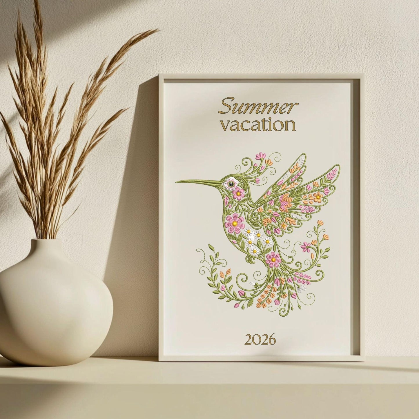 Floral Hummingbird Machine Embroidery Design, Pastel Flowers, Instant Download (4x4 Hoop)