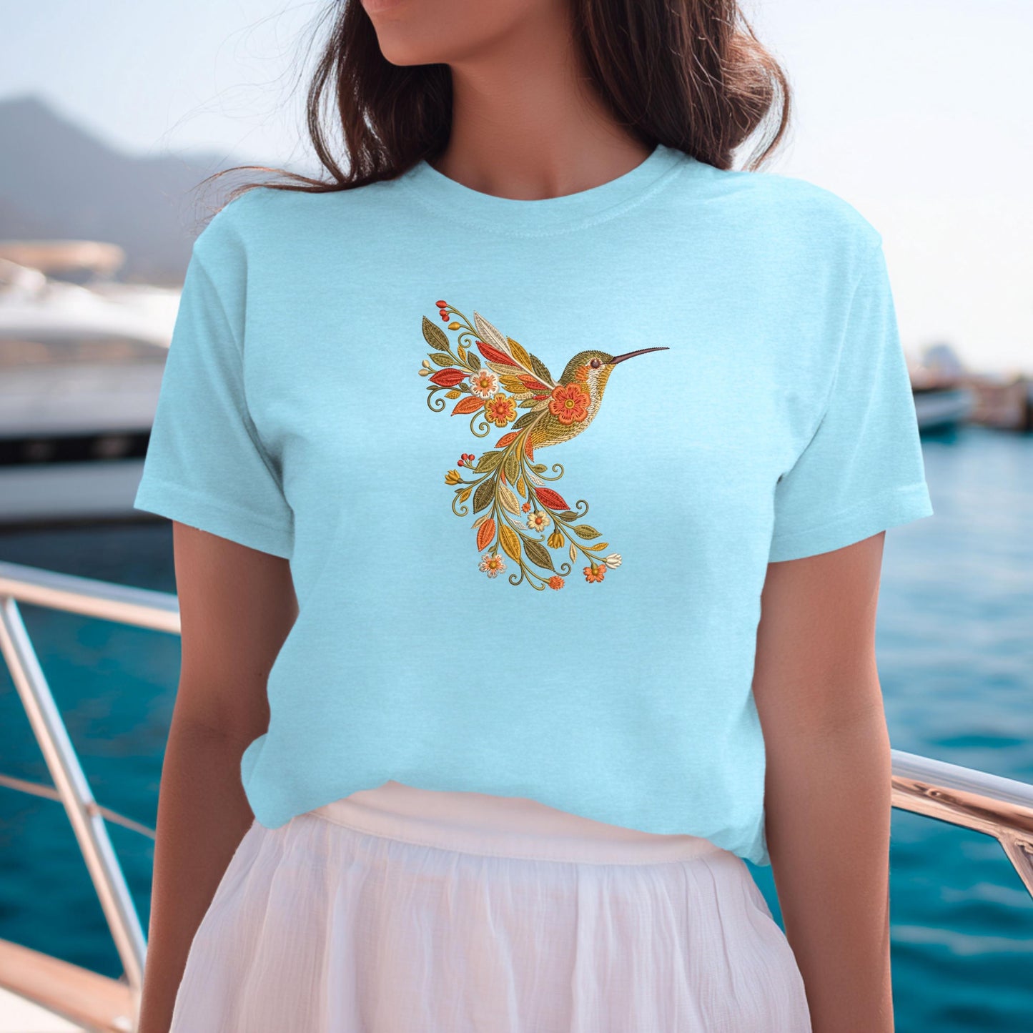 Autumn Hummingbird Machine Embroidery Design, Botanical Floral Bird Digital File
