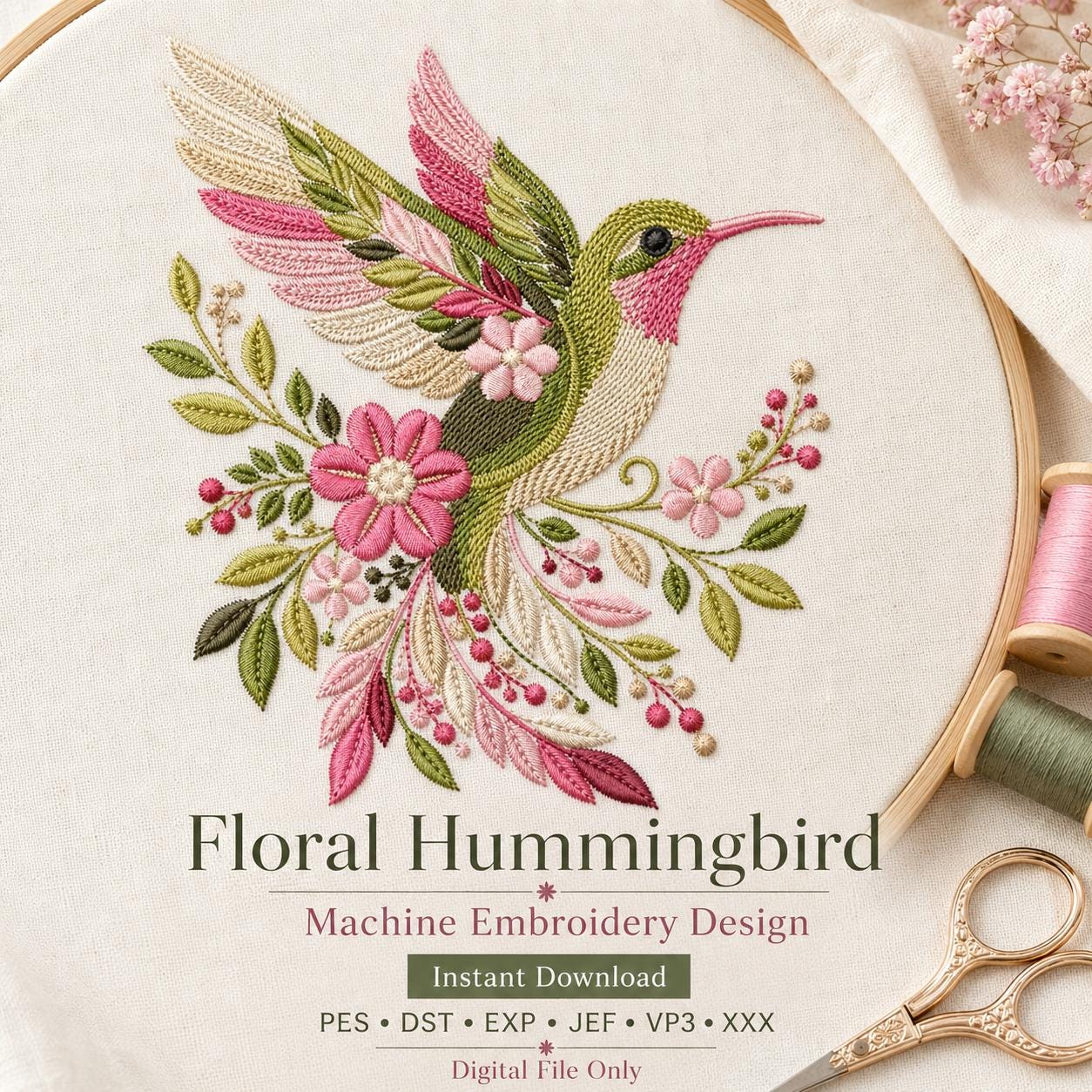 Floral Hummingbird Machine Embroidery Design, Bird PES DST EXP jef File