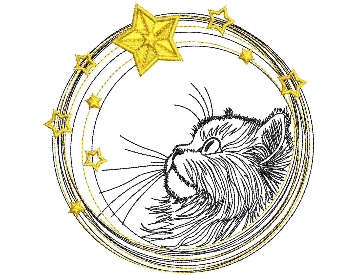 Cat Embroidery Design, Cat Machine Embroidery Design, Cute Cat Face Sweatshirt Tshirt, Cat With Stars Embroidery Design, Download In 6 Sizes
