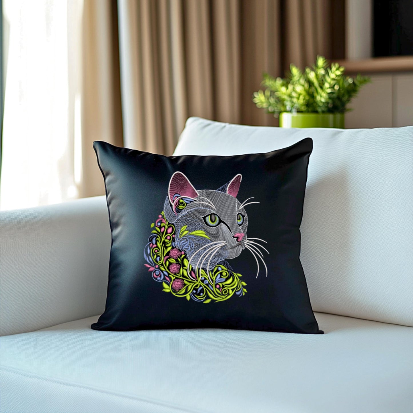 Cat Embroidery Design, Machine Embroidery Design: Elegant Cat with Floral Accents, Floral Cat Embroidery Design 5 sizes, Animal Embroidery