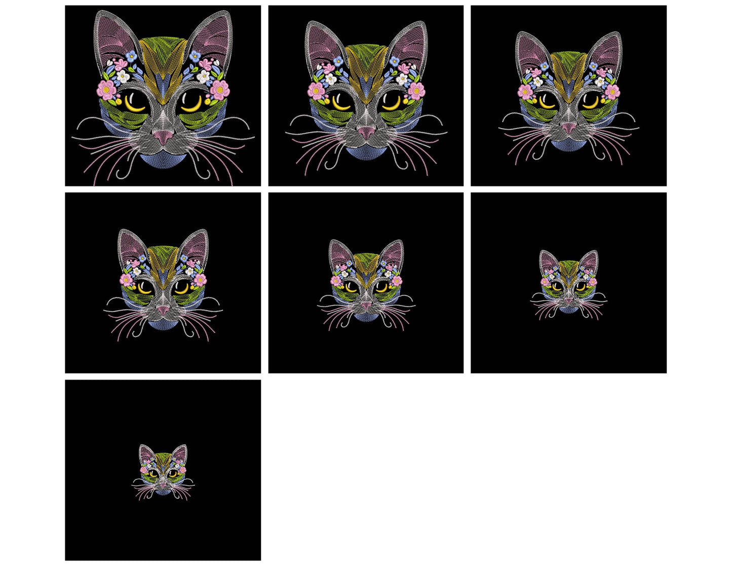 Floral Cat Machine Embroidery Design, Cat Pattern File PES DST JEF, Gifts For Pets Lovers, Animal Embroidery, Instant Download 7 sizes