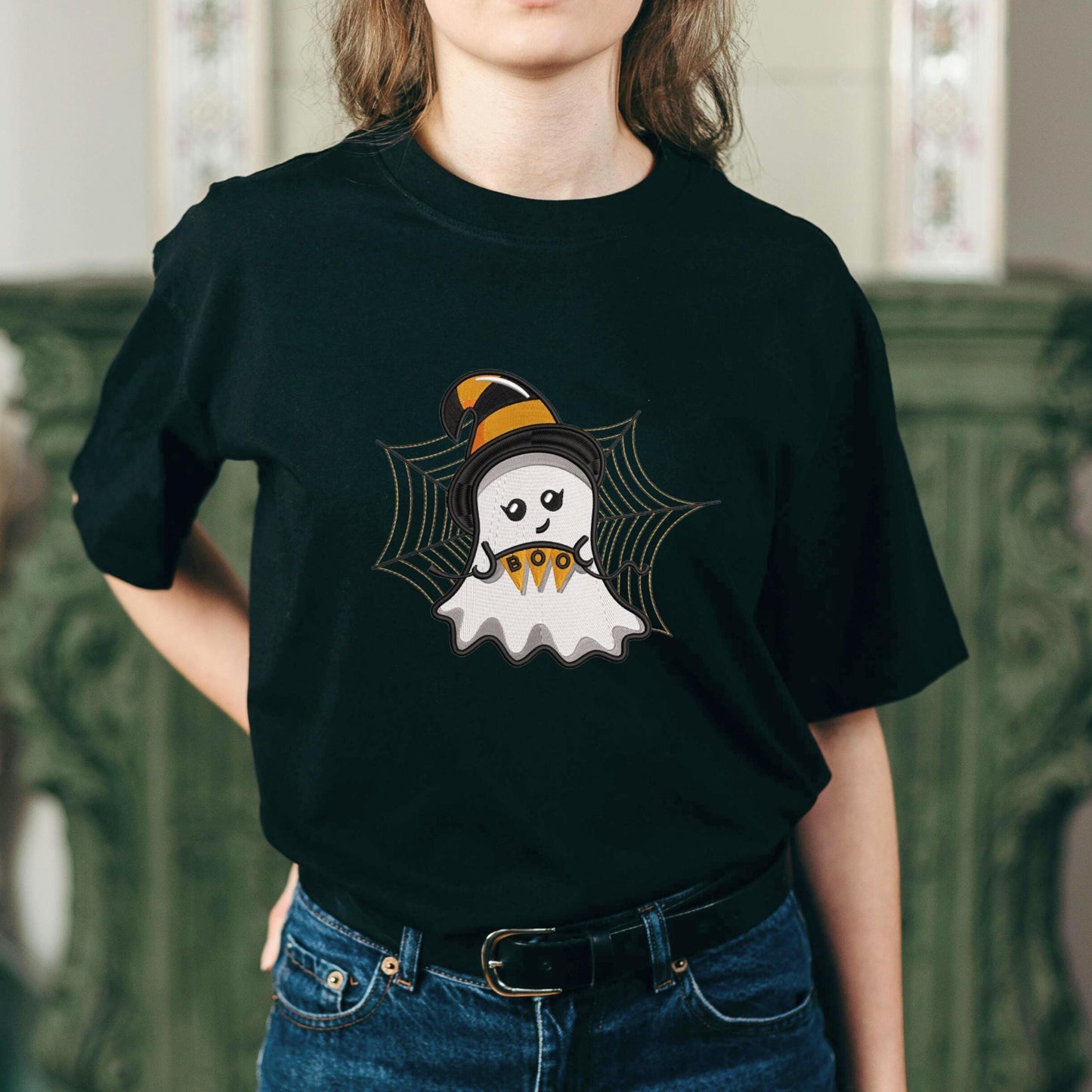 Ghost Embroidery Design, Halloween Embroidery Design,  Cute Spooky Ghost Embroidery Design, Halloween Ghost Embroidery Design with Spiderweb