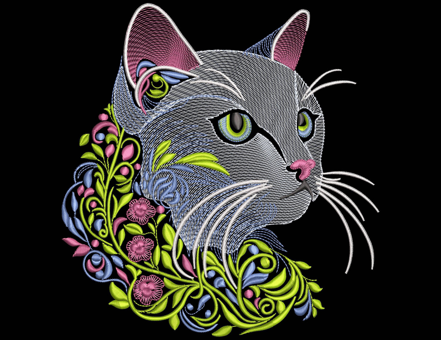 Cat Embroidery Design, Machine Embroidery Design: Elegant Cat with Floral Accents, Floral Cat Embroidery Design 5 sizes, Animal Embroidery