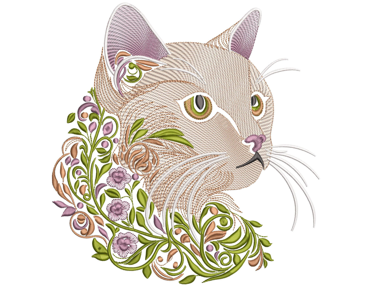 Cat Embroidery Design, Machine Embroidery Design: Elegant Cat with Floral Accents, Floral Cat Embroidery Design 5 sizes, Animal Embroidery