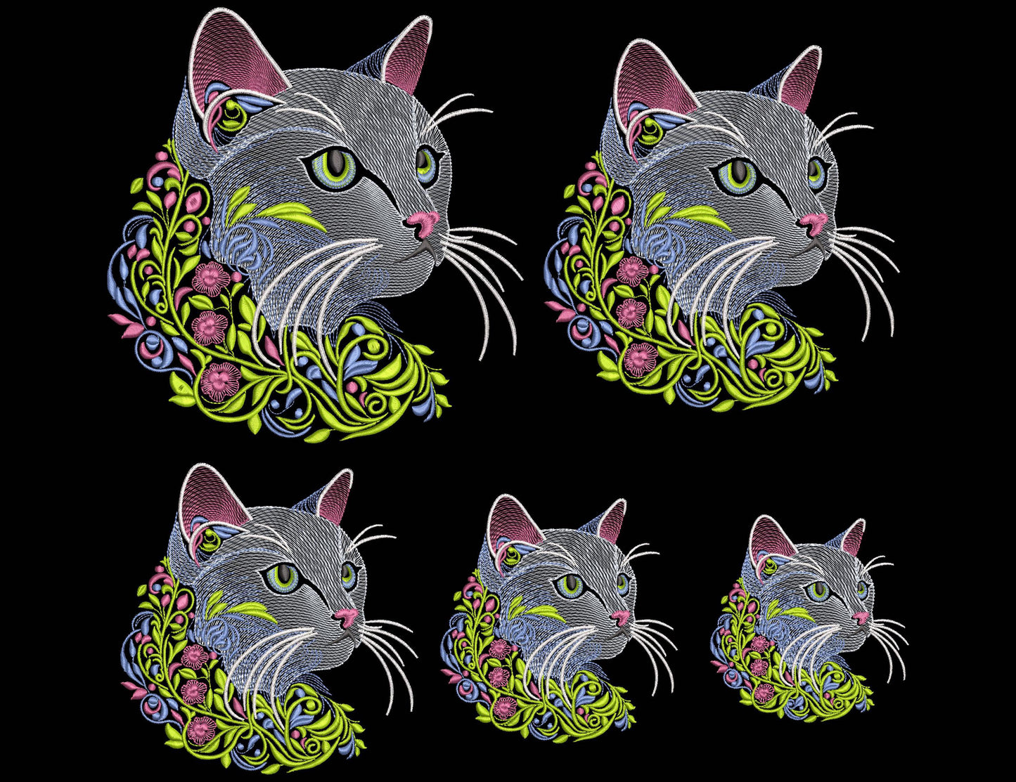 Cat Embroidery Design, Machine Embroidery Design: Elegant Cat with Floral Accents, Floral Cat Embroidery Design 5 sizes, Animal Embroidery