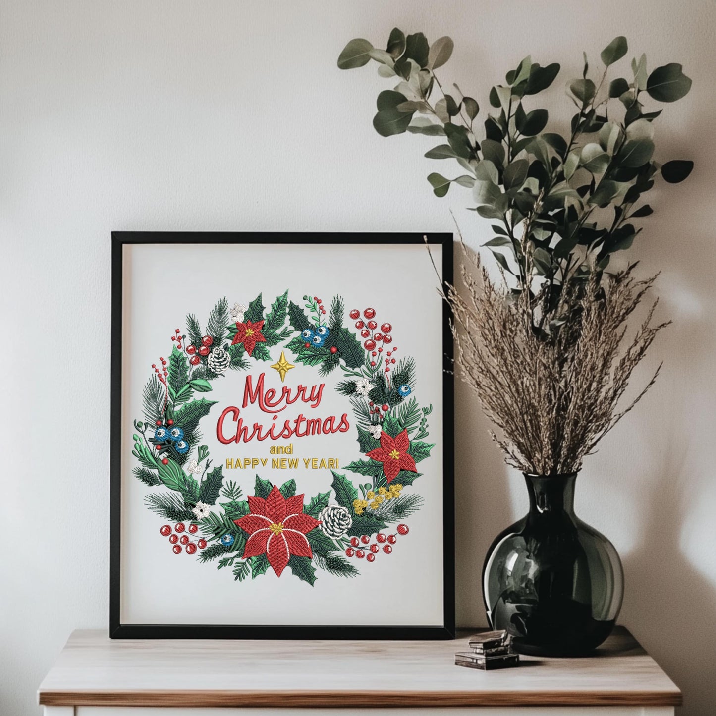 Christmas Wreath Embroidery Design, Holiday Wreath Machine Embroidery, Christmas Embroidery Design, Instant Download