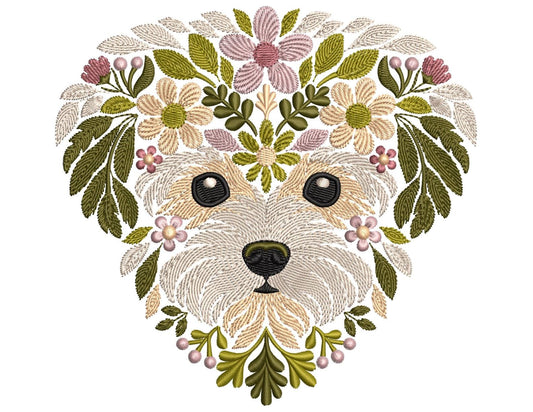 Floral Maltese Dog Machine Embroidery Design, Maltipoo Embroidery Design, Cute Puppy Embroidery Pattern for Dog Lovers, Instant Download