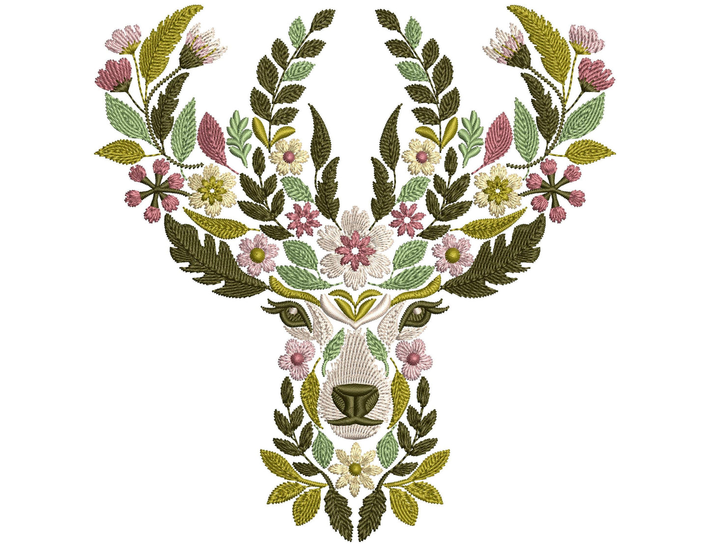 Floral Deer Embroidery Design, Deer Machine Embroidery Design, Deer Pattern, Reindeer Embroidery Design, Animal Embroidery File, Leaf Pastel