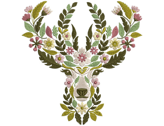 Floral Deer Embroidery Design, Deer Machine Embroidery Design, Deer Pattern, Reindeer Embroidery Design, Animal Embroidery File, Leaf Pastel