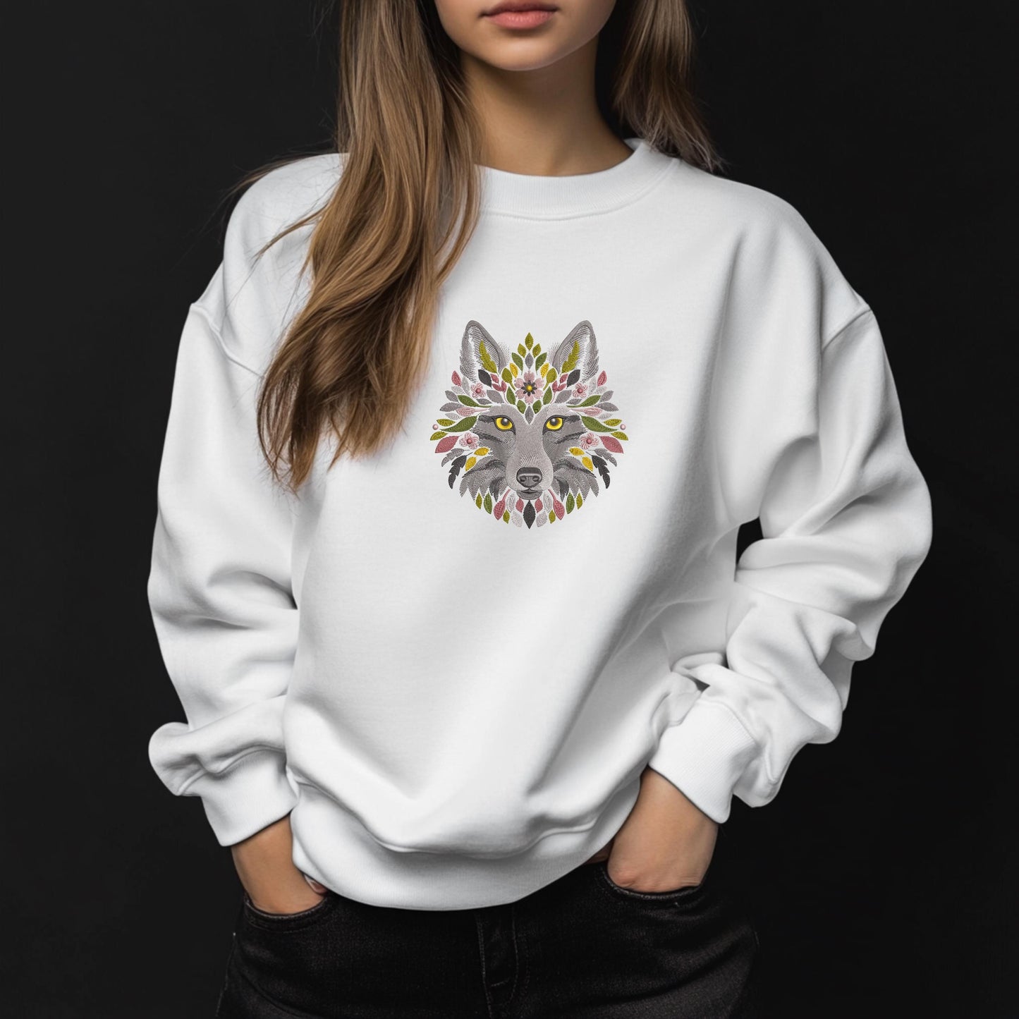 Wolf Embroidery Design, Floral Wolf Machine Embroidery Design, Wolf Pattern File PES, Animal Embroidery Design, Instant Download 6 sizes